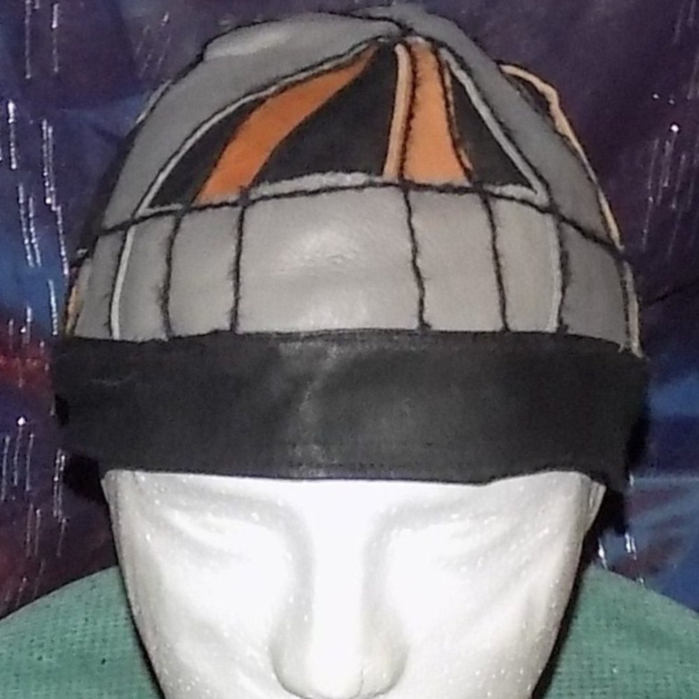 unique Leather Cap in gray, brown & black